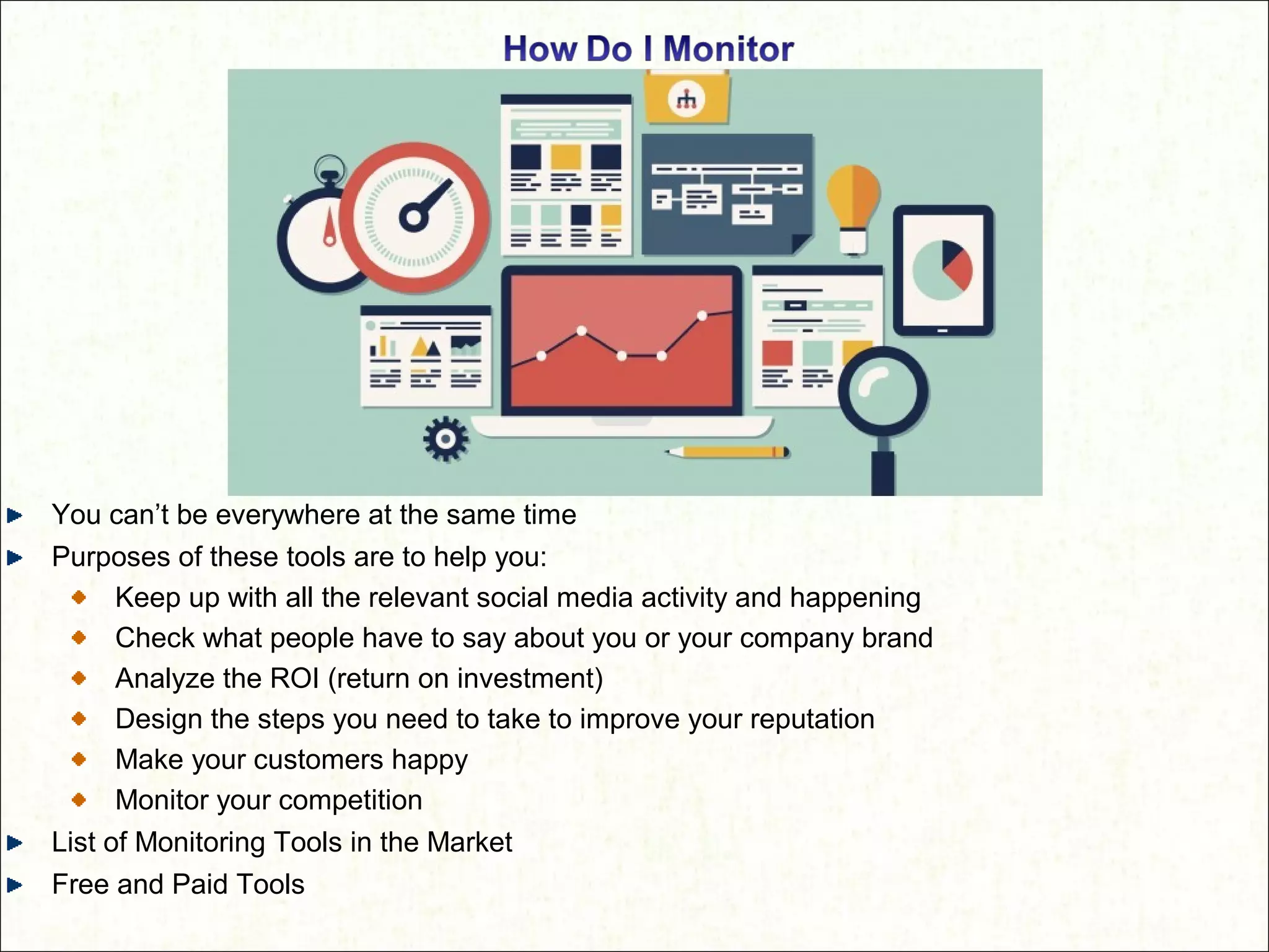 You can’t be everywhere at the same time
Purposes of these tools are to help you:
Keep up with all the relevant social media activity and happening
Check what people have to say about you or your company brand
Analyze the ROI (return on investment)
Design the steps you need to take to improve your reputation
Make your customers happy
Monitor your competition
List of Monitoring Tools in the Market
Free and Paid Tools
 