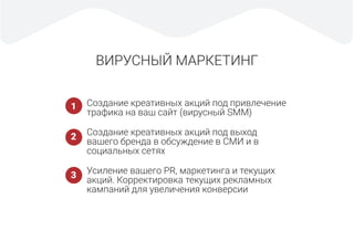 ВИРУСНЫЙ МАРКЕТИНГ
Создание креативных акций под привлечение
трафика на ваш сайт (вирусный SMM)
Создание креативных акций под выход
вашего бренда в обсуждение в СМИ и в
социальных сетях
Усиление вашего PR, маркетинга и текущих
акций. Корректировка текущих рекламных
кампаний для увеличения конверсии
1
2
3
 