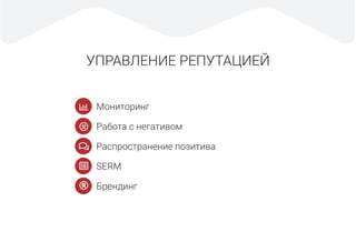 УПРАВЛЕНИЕ РЕПУТАЦИЕЙ
Мониторинг
Работа с негативом
Распространение позитива
SERM
Брендинг®
 