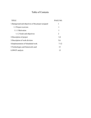 Table of Contents
TITLE PAGE NO.
1.Background and objectives of the project assigned 1
1.1 Project overview 1
1.1.1 Motivation 1
1.1.2 Goals and objectives 2
2.Description of project 3,4
3.Description of work division 5,6
4.Implementation of Scheduled work 7-12
5.Technologies and framework used 13
6.SWOT analysis 13
 