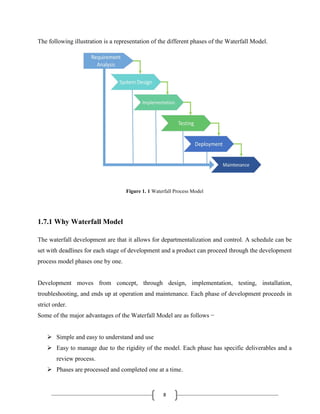 8
The following illustration is a representation of the different phases of the Waterfall Model.
Figure 1. 1 Waterfall Process Model
1.7.1 Why Waterfall Model
The waterfall development are that it allows for departmentalization and control. A schedule can be
set with deadlines for each stage of development and a product can proceed through the development
process model phases one by one.
Development moves from concept, through design, implementation, testing, installation,
troubleshooting, and ends up at operation and maintenance. Each phase of development proceeds in
strict order.
Some of the major advantages of the Waterfall Model are as follows −
 Simple and easy to understand and use
 Easy to manage due to the rigidity of the model. Each phase has specific deliverables and a
review process.
 Phases are processed and completed one at a time.
 