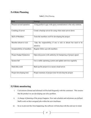 37
5.4 Risk Planning
Table 5. 3 Risk Planning
Risk Strategy
Process several operation Using perfect Logic with query normalization is the only solution.
Crashing of server Create a backup server for using when main server down
Skill of Members Train the members well for developing the project
Member absent or sick Take the responsibility if one is sick or absent but need to be
attentive
Irresponsibility of members Regular follow up with members
Project budget Reduction Open discussion with authority for hampering of project speed
System fall Use a stable operating system and update antivirus regularly
Hard disk crash Back up the project in a secure cloud server
Project developing time Proper maintain of project time for develop the project
5.5 Risk monitoring
i. Conventions (formal and informal) will be held frequently with the customers. This assures
that the product we are developing can solve problem.
ii. A change of planning of the project happens. New task schedule and milestones are defined.
Staffs work on their assigned jobs within the new timeframe.
iii. So as to prevent this from happening, the software will develop with the end user in mind.
 