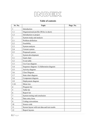 2 | P a g e
Table of contents
Sr. No. Topic Page. No.
1 Introduction
1.1 Organizational profile (Write in short)
1.2 Introduction to project
2 System study and analysis
2.1 Problem definition
2.2 Feasibility
2.3 System analysis
2.4 Current system
2.5 Proposed system
3 System development
3.1 Gantt chart
3.2 Event table
3.3 Use Case diagram
3.4 Sequence diagram / Collaboration diagram
3.5 Activity diagram
3.6 Class Diagram
3.7 State chart diagram
3.8 Component diagram
3.9 Deployment diagram
3.10 Menu tree
4 Program list
5 Table list
6 Report list
7 System testing and conclusion
8 Data entry form
9 Coding conventions
10 Source code
11 Screen layout with test data and test results
12 Report layouts
 