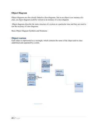 22 | P a g e
Object Diagram
Object diagrams are also closely linked to class diagrams. Just as an object is an instance of a
class, an object diagram could be viewed as an instance of a class diagram.
Object diagrams describe the static structure of a system at a particular time and they are used to
test the accuracy of class diagrams.
Basic Object Diagram Symbols and Notations:
Object names
Each object is represented as a rectangle, which contains the name of the object and its class
underlined and separated by a colon.
ID:abc
Password:
User123#$
LOGIN
PRINT
REGISTER
project:c: Marketing
details:idfgdhgdfg, ABBDAS
Date:12—6-2016
get Records ( )
update ( )
TEMPLATE
sno:uid
sname:tempate
USER
name:abc
address:sm road,abc
contact:9688656565
date:12-5-2016
add ( )
 