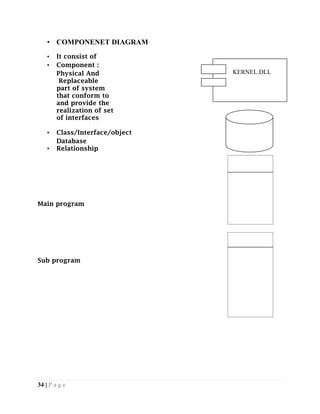 34 | P a g e
• COMPONENET DIAGRAM
• It consist of
• Component :
Physical And
Replaceable
part of system
that conform to
and provide the
realization of set
of interfaces
• Class/Interface/object
Database
• Relationship
Main program
Sub program
KERNEL.DLL
 