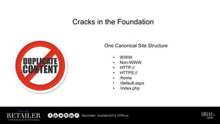 Cracks in the Foundation
One Canonical Site Structure
• WWW.
• Non-WWW.
• HTTP://
• HTTPS://
• /home
• /default.aspx
• /index.php
 
