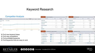 Competitor Analysis
Keyword Research
 Find new keyword ideas
 Find new competitors
 Find profitable keywords
 Find keywords that are easy to rank
 