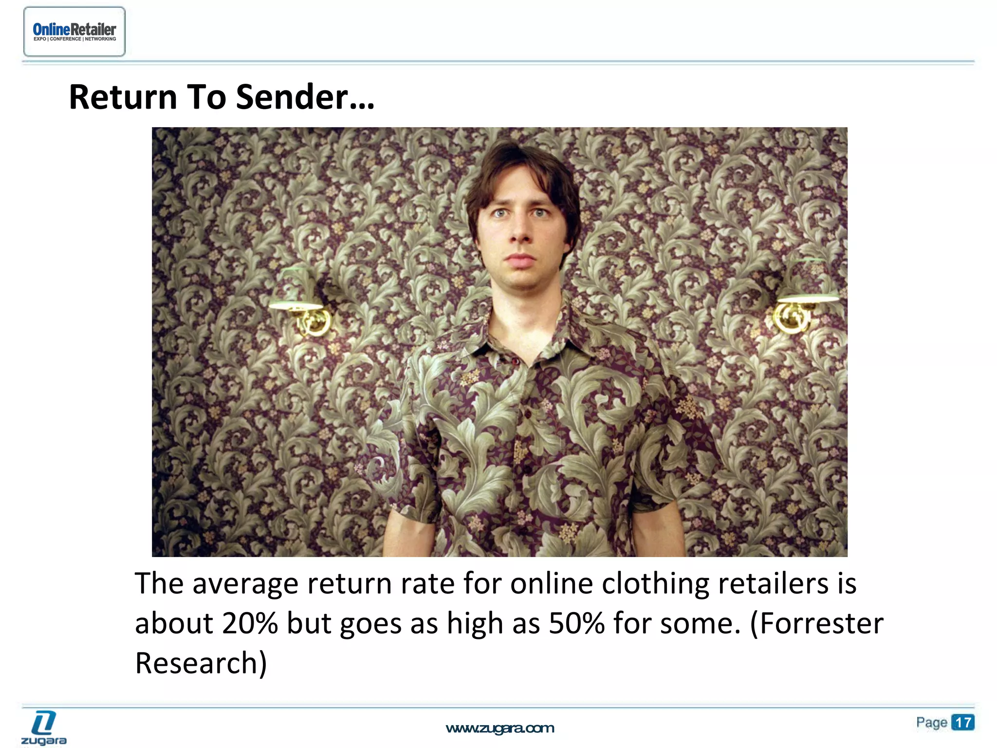 Return To Sender… The average return rate for online clothing retailers is about 20% but goes as high as 50% for some. (Forrester Research) 