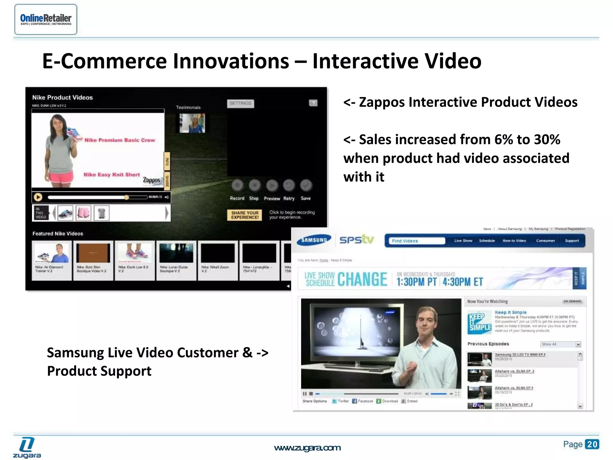 <- Zappos Interactive Product Videos <- Sales increased from 6% to 30%  when product had video associated with it E-Commerce Innovations – Interactive Video Samsung Live Video Customer & -> Product Support 
