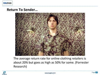 Return To Sender… The average return rate for online clothing retailers is about 20% but goes as high as 50% for some. (Forrester Research) 
