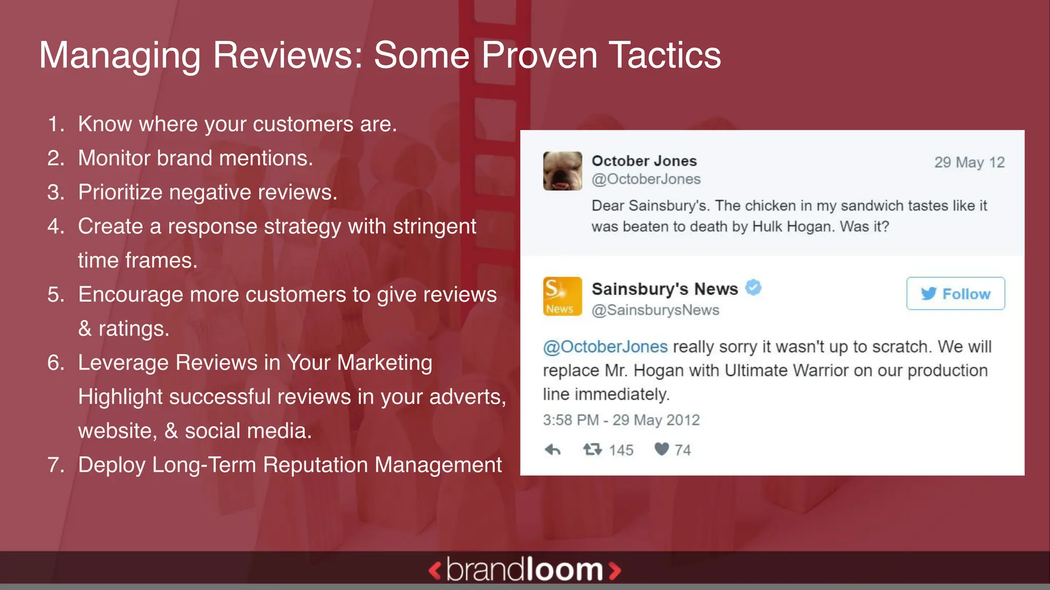 Managing Reviews: Some Proven Tactics
1. Know where your customers are.
2. Monitor brand mentions.
3. Prioritize negative reviews.
4. Create a response strategy with stringent
time frames.
5. Encourage more customers to give reviews
& ratings.
6. Leverage Reviews in Your Marketing
Highlight successful reviews in your adverts,
website, & social media.
7. Deploy Long-Term Reputation Management
 