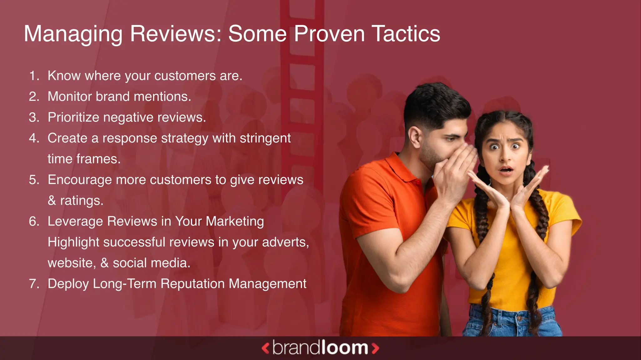 Managing Reviews: Some Proven Tactics
1. Know where your customers are.
2. Monitor brand mentions.
3. Prioritize negative reviews.
4. Create a response strategy with stringent
time frames.
5. Encourage more customers to give reviews
& ratings.
6. Leverage Reviews in Your Marketing
Highlight successful reviews in your adverts,
website, & social media.
7. Deploy Long-Term Reputation Management
 