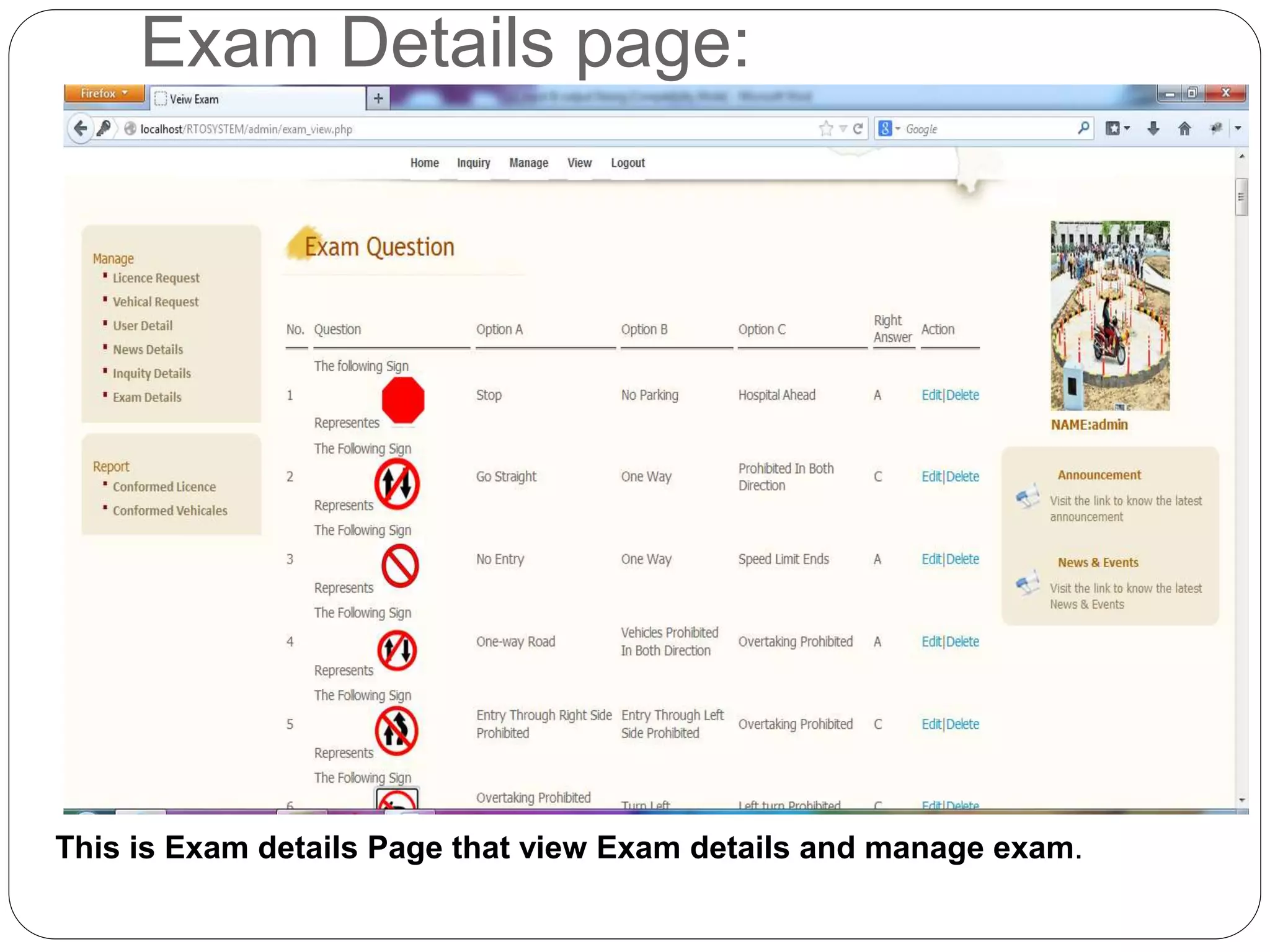 Exam Details page:
This is Exam details Page that view Exam details and manage exam.
 