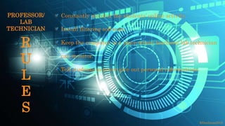 Constantly monitor the students’ online activity.
Install filtering software.
Keep the computer in a place where teachers/ lab technician
can monitor.
Tell students to never give out personal informations.
©fmalacas2016
R
U
L
E
S
PROFESSOR/
LAB
TECHNICIAN
 