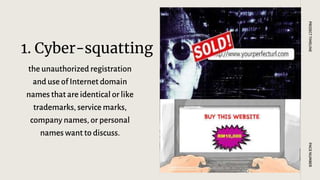 1. Cyber-squatting
the unauthorized registration
and use of Internet domain
names that are identical or like
trademarks, service marks,
company names, or personal
names want to discuss.
PAGE
NUMBER
PROJECT
TIMELINE
 