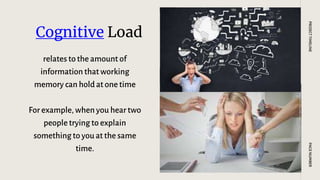 Cognitive Load
relates to the amount of
information that working
memory can hold at one time
For example, when you hear two
people trying to explain
something to you at the same
time.
PAGE
NUMBER
PROJECT
TIMELINE
 