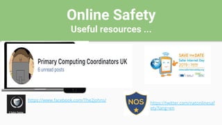 Online Safety
Useful resources ...
https://www.facebook.com/The2johns/
https://twitter.com/natonlinesaf
ety?lang=en
 