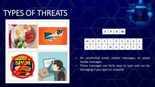TYPES OF THREATS
M K A C L G S D C E
X I V I W H A F P B
S P A M
• An unsolicited email, instant messages, or social
media messages.
• These messages are fairly easy to spot and can be
damaging if you open or respond.
 