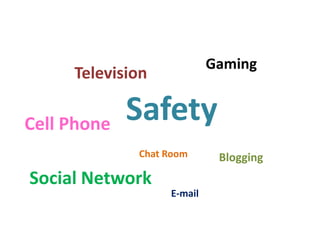 Gaming

Television

Cell Phone

Safety
Chat Room

Social Network

E-mail

Blogging

 