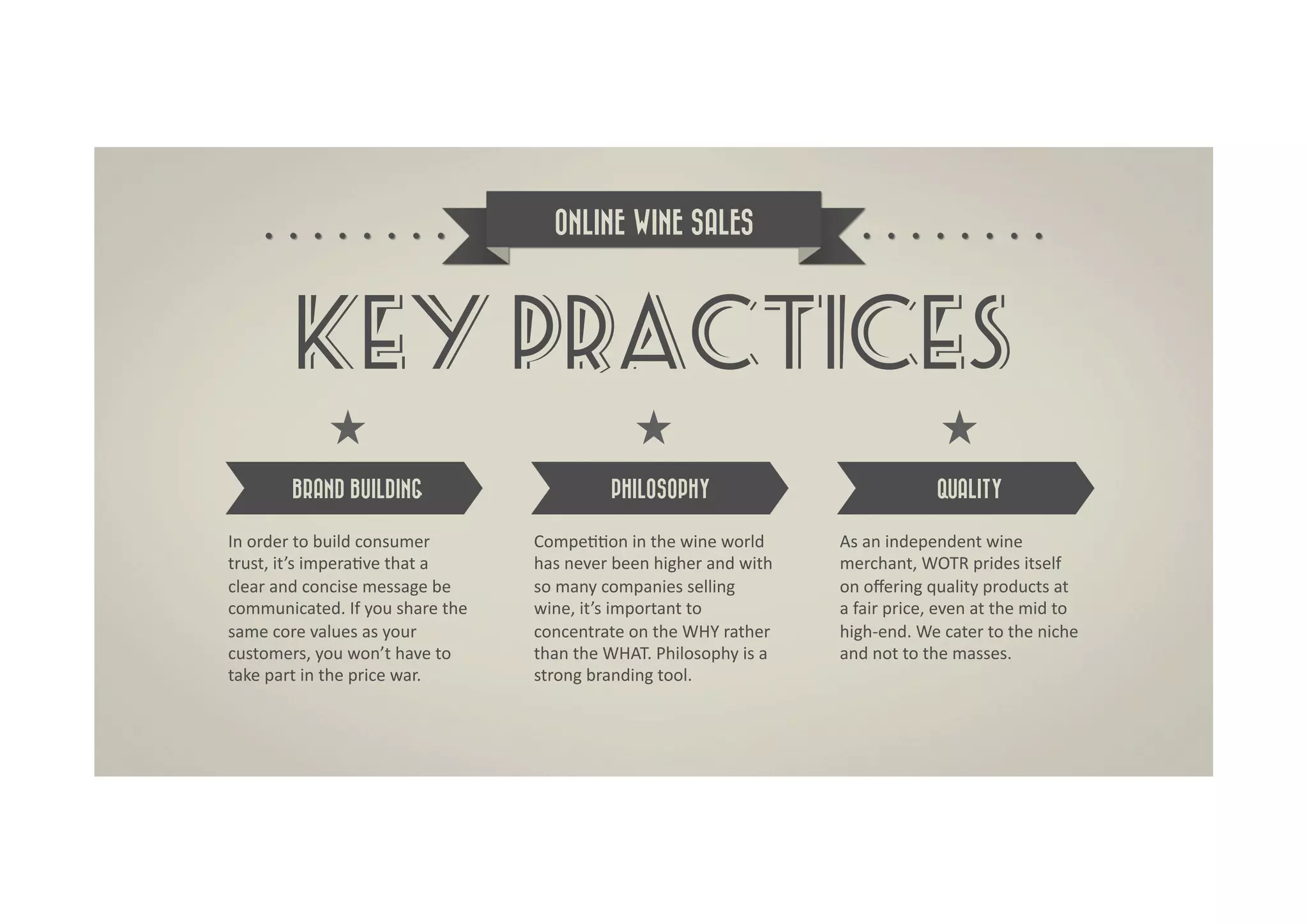 ONLINE WINE SALES




            KEY PRACTICES
            BRAND BUILDING                                      PHILOSOPHY                                                 QUALITY

In	
  order	
  to	
  build	
  consumer	
         CompeDDon	
  in	
  the	
  wine	
  world	
           As	
  an	
  independent	
  wine	
  
trust,	
  it’s	
  imperaDve	
  that	
  a	
       has	
  never	
  been	
  higher	
  and	
  with	
     merchant,	
  WOTR	
  prides	
  itself	
  
clear	
  and	
  concise	
  message	
  be	
       so	
  many	
  companies	
  selling	
                on	
  oﬀering	
  quality	
  products	
  at	
  
communicated.	
  If	
  you	
  share	
  the	
     wine,	
  it’s	
  important	
  to	
                  a	
  fair	
  price,	
  even	
  at	
  the	
  mid	
  to	
  
same	
  core	
  values	
  as	
  your	
           concentrate	
  on	
  the	
  WHY	
  rather	
         high-­‐end.	
  We	
  cater	
  to	
  the	
  niche	
  
customers,	
  you	
  won’t	
  have	
  to	
       than	
  the	
  WHAT.	
  Philosophy	
  is	
  a	
     and	
  not	
  to	
  the	
  masses.	
  
take	
  part	
  in	
  the	
  price	
  war.	
     strong	
  branding	
  tool.	
  
 