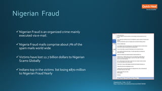 Nigerian Fraud
Nigerian Fraud is an organized crime mainly
executed via e-mail.
Nigeria Fraud mails comprise about 7% of the
spam mails world wide
Victims have lost 12.7 billion dollars to Nigerian
Scams Globally
Indians top in the victims list losing $870 million
to Nigerian FraudYearly
Gtasahomo2 / Foter / CC BY
https://www.flickr.com/photos/trixieroxxx/5582739056/
 