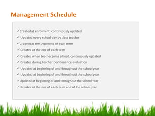 Management Schedule 
Created at enrolment; continuously updated 
 Updated every school day by class teacher 
Created at the beginning of each term 
 Created at the end of each term 
 Created when teacher joins school; continuously updated 
 Created during teacher performance evaluation 
 Updated at beginning of and throughout the school year 
 Updated at beginning of and throughout the school year 
Updated at beginning of and throughout the school year 
 Created at the end of each term and of the school year 
 