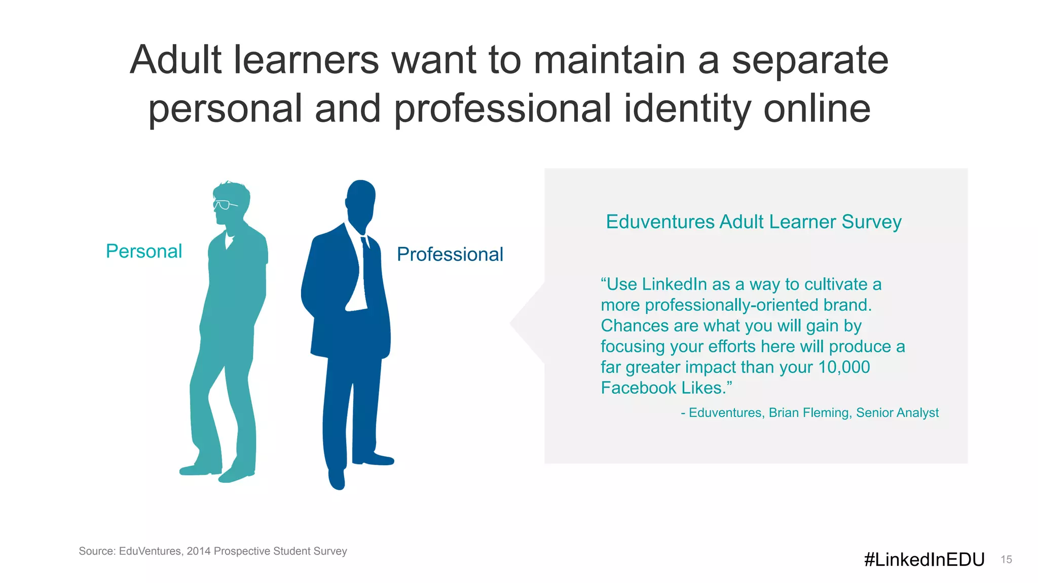 Adult learners want to maintain a separate
personal and professional identity online
15
“Use LinkedIn as a way to cultivate a
more professionally-oriented brand.
Chances are what you will gain by
focusing your efforts here will produce a
far greater impact than your 10,000
Facebook Likes.”
- Eduventures, Brian Fleming, Senior Analyst
Source: EduVentures, 2014 Prospective Student Survey
ProfessionalPersonal
Eduventures Adult Learner Survey
#LinkedInEDU
 
