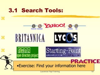 Laurence Yap/Training 19
3.1 Search Tools:
•Exercise: Find your information here



 