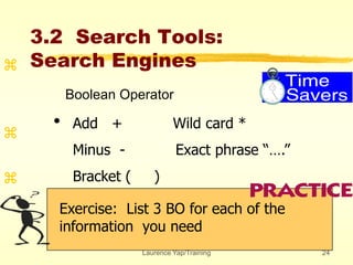 Laurence Yap/Training 24
3.2 Search Tools:
Search Engines
Exercise: List 3 BO for each of the
information you need



•
Boolean Operator
Add + Wild card *
Minus - Exact phrase “….”
Bracket ( )
 