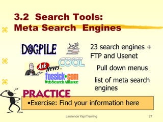 Laurence Yap/Training 27
23 search engines +
FTP and Usenet
Pull down menus
list of meta search
engines
3.2 Search Tools:
Meta Search Engines
•Exercise: Find your information here



 