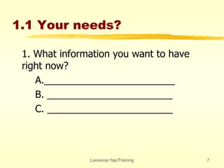Laurence Yap/Training 7
1.1 Your needs?
1. What information you want to have
right now?
A.________________________
B. _______________________
C. _______________________
 