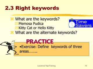 Laurence Yap/Training 15
2.3 Right keywords
 What are the keywords?
Memosa Pudica
Kitty Cat or Hello Kitty
 What are the alternate keywords?
•Exercise: Define keywords of three
areas……..
 