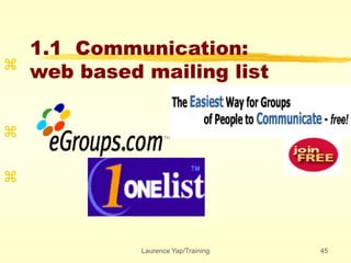 Laurence Yap/Training 45
1.1 Communication:
web based mailing list



 