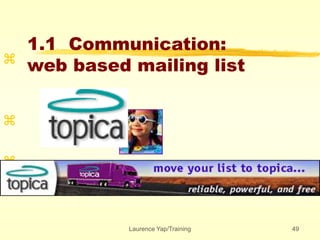 Laurence Yap/Training 49
1.1 Communication:
web based mailing list



 