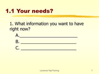 Laurence Yap/Training 7
1.1 Your needs?
1. What information you want to have
right now?
A.________________________
B. _______________________
C. _______________________
 