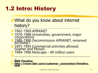Laurence Yap/Training 8
1.2 Intro: History
What do you know about internet
history?
1962-1969 APRANET
1970-1988 Universities, government, major
corporations
1988-1990 Decommission APRANET, renamed
INTERNET
1991-1993 Commercial activities allowed,
Gopher and Mosaic
1994-1996 Netscape - 40 million users
……………………………………………………………………
..
 BBN Timeline
 http://www.bbn.com/customer_connection/timeline.
htm
 