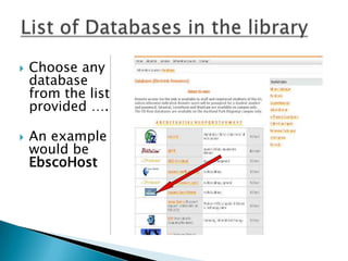 List of Databases in the libraryChoose any database from the list provided ….An example would be EbscoHost