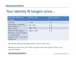 Your identity @ bargain price…
Fullz Info USAType A
package
# of records Price/record
Full Name
Email address + password
PhysicalAddress
Phone Number
1- 499 0.25
500 - 4999 0.22
5000 - 9999 0.18
www.ebusinessmantra.com
Phone Number
DOB, SSN, DL Numbers
Bank Name,Account number
+ routing number
Employer's name + # years of
employment
10000 - 16499 0.16
Fullz Info USAType B package includes mother’s maiden name.
Web site claims to have 99 to 100% of people in US in their database and have most
upto date database.
 