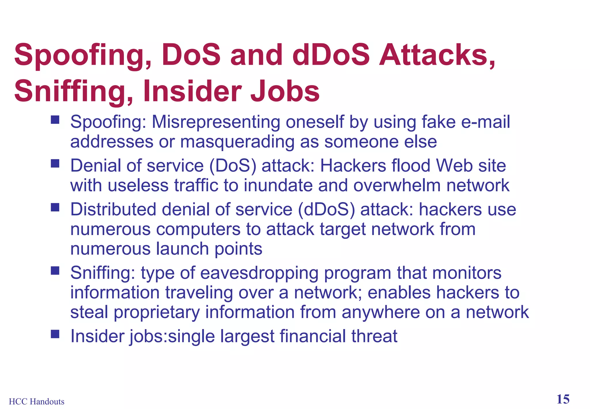 Spoofing, DoS and dDoS Attacks,
Sniffing, Insider Jobs








HCC Handouts

Spoofing: Misrepresenting oneself by using fake e-mail
addresses or masquerading as someone else
Denial of service (DoS) attack: Hackers flood Web site
with useless traffic to inundate and overwhelm network
Distributed denial of service (dDoS) attack: hackers use
numerous computers to attack target network from
numerous launch points
Sniffing: type of eavesdropping program that monitors
information traveling over a network; enables hackers to
steal proprietary information from anywhere on a network
Insider jobs:single largest financial threat
15

 