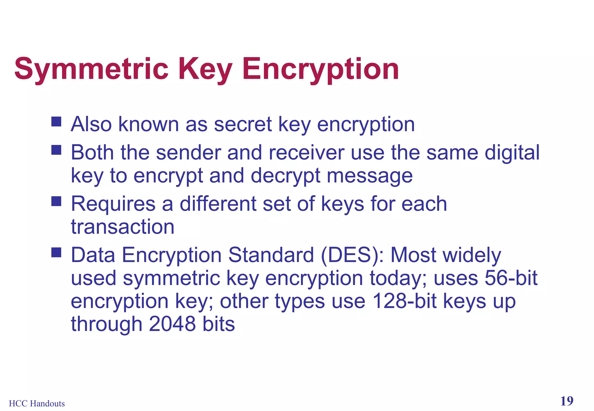 Symmetric Key Encryption





HCC Handouts

Also known as secret key encryption
Both the sender and receiver use the same digital
key to encrypt and decrypt message
Requires a different set of keys for each
transaction
Data Encryption Standard (DES): Most widely
used symmetric key encryption today; uses 56-bit
encryption key; other types use 128-bit keys up
through 2048 bits

19

 