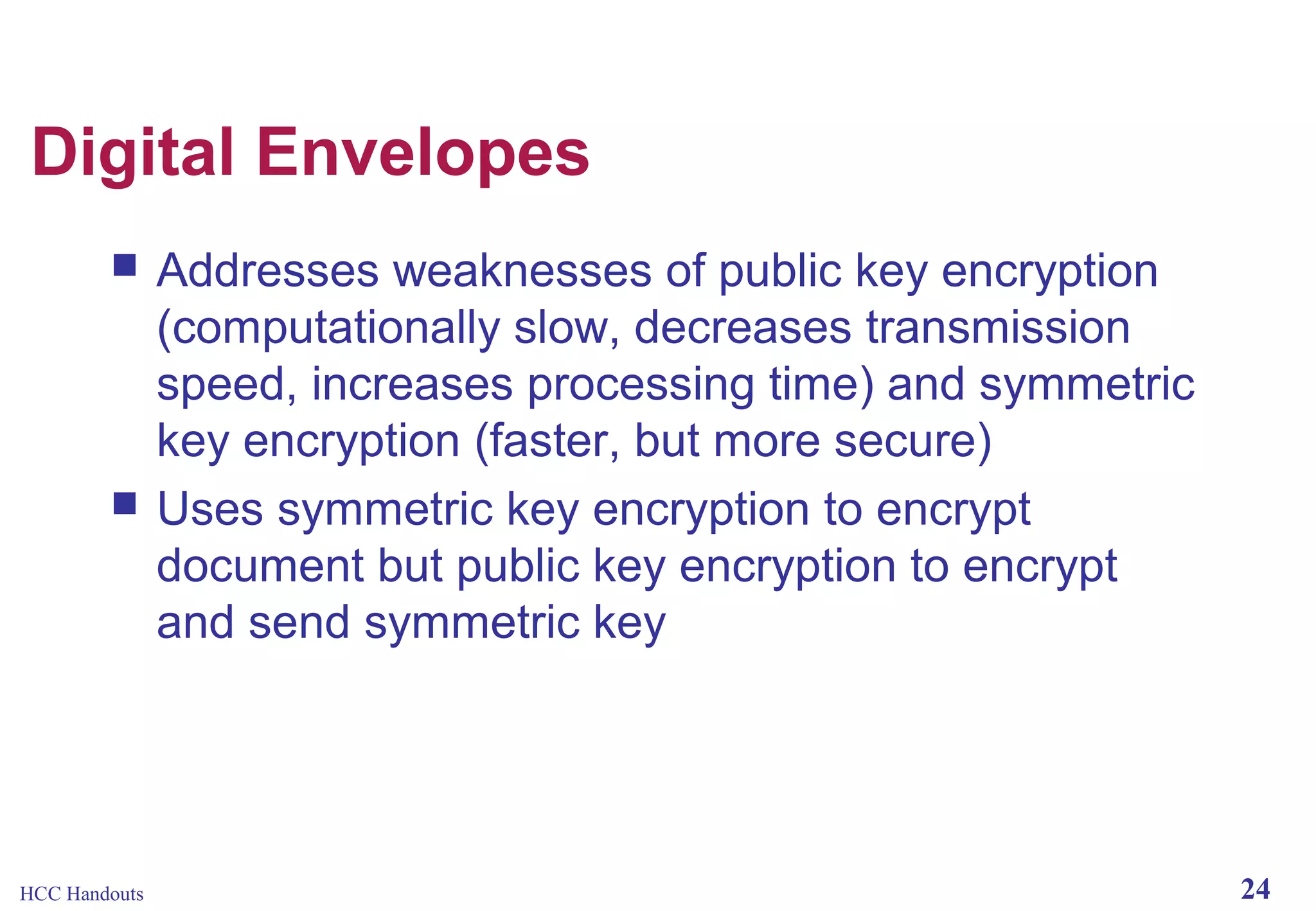 Digital Envelopes




HCC Handouts

Addresses weaknesses of public key encryption
(computationally slow, decreases transmission
speed, increases processing time) and symmetric
key encryption (faster, but more secure)
Uses symmetric key encryption to encrypt
document but public key encryption to encrypt
and send symmetric key

24

 