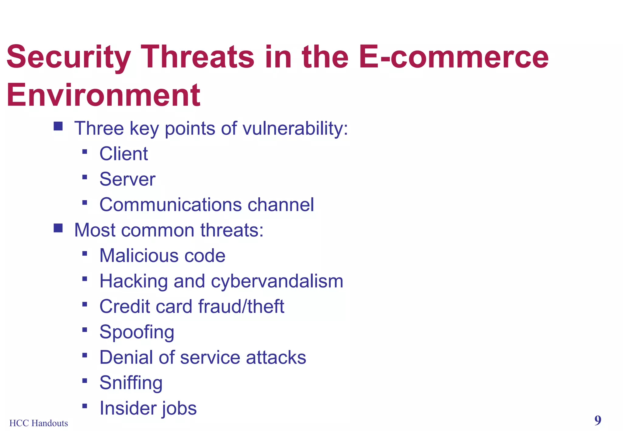Security Threats in the E-commerce
Environment




HCC Handouts

Three key points of vulnerability:
 Client
 Server
 Communications channel
Most common threats:
 Malicious code
 Hacking and cybervandalism
 Credit card fraud/theft
 Spoofing
 Denial of service attacks
 Sniffing
 Insider jobs

9

 