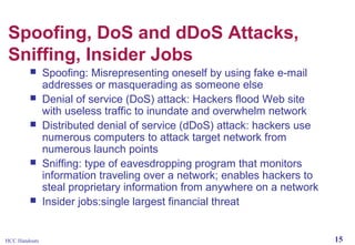 Spoofing, DoS and dDoS Attacks,
Sniffing, Insider Jobs








HCC Handouts

Spoofing: Misrepresenting oneself by using fake e-mail
addresses or masquerading as someone else
Denial of service (DoS) attack: Hackers flood Web site
with useless traffic to inundate and overwhelm network
Distributed denial of service (dDoS) attack: hackers use
numerous computers to attack target network from
numerous launch points
Sniffing: type of eavesdropping program that monitors
information traveling over a network; enables hackers to
steal proprietary information from anywhere on a network
Insider jobs:single largest financial threat
15

 