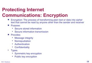 Protecting Internet
Communications: Encryption







HCC Handouts

Encryption: The process of transforming plain text or data into cipher
text that cannot be read by anyone other than the sender and receiver
Purpose:
 Secure stored information
 Secure information transmission
Provides:
 Message integrity
 Nonrepudiation
 Authentication
 Confidentiality
Types
 Symmetric key encryption
 Public key encryption
18

 
