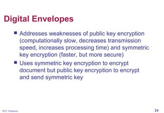 Digital Envelopes




HCC Handouts

Addresses weaknesses of public key encryption
(computationally slow, decreases transmission
speed, increases processing time) and symmetric
key encryption (faster, but more secure)
Uses symmetric key encryption to encrypt
document but public key encryption to encrypt
and send symmetric key

24

 