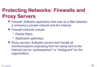 Protecting Networks: Firewalls and
Proxy Servers





HCC Handouts

Firewall: Software application that acts as a filter between
a company’s private network and the Internet
Firewall methods include:
 Packet filters
 Application gateways
Proxy servers: Software servers that handle all
communications originating from for being sent to the
Internet (act as “spokesperson” or “bodyguard” for the
organization)

32

 