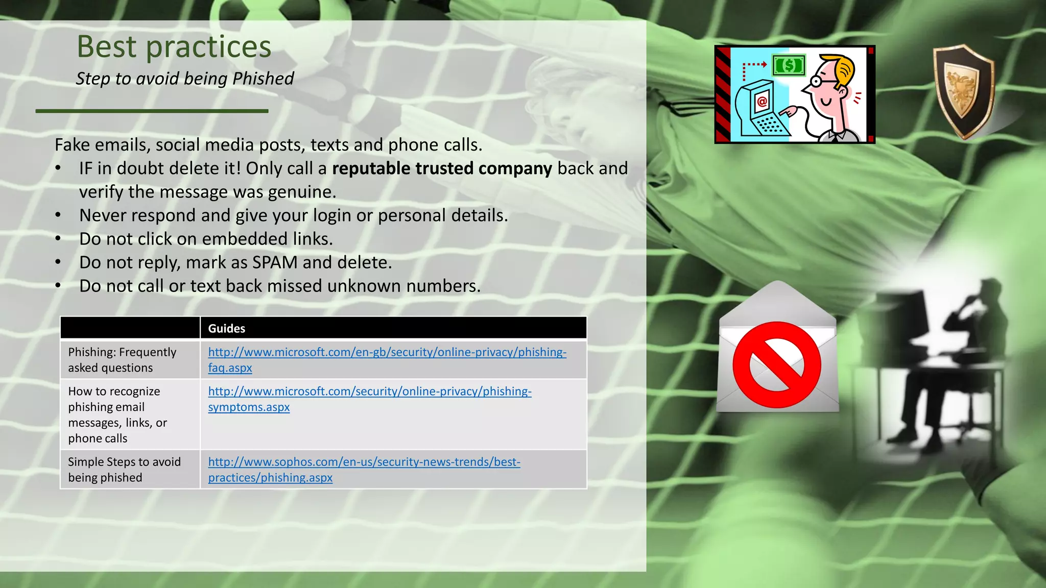 Best practices
Step to avoid being Phished
Fake emails, social media posts, texts and phone calls.
• IF in doubt delete it! Only call a reputable trusted company back and
verify the message was genuine.
• Never respond and give your login or personal details.
• Do not click on embedded links.
• Do not reply, mark as SPAM and delete.
• Do not call or text back missed unknown numbers.
Guides
Phishing: Frequently
asked questions
http://www.microsoft.com/en-gb/security/online-privacy/phishing-
faq.aspx
How to recognize
phishing email
messages, links, or
phone calls
http://www.microsoft.com/security/online-privacy/phishing-
symptoms.aspx
Simple Steps to avoid
being phished
http://www.sophos.com/en-us/security-news-trends/best-
practices/phishing.aspx
 