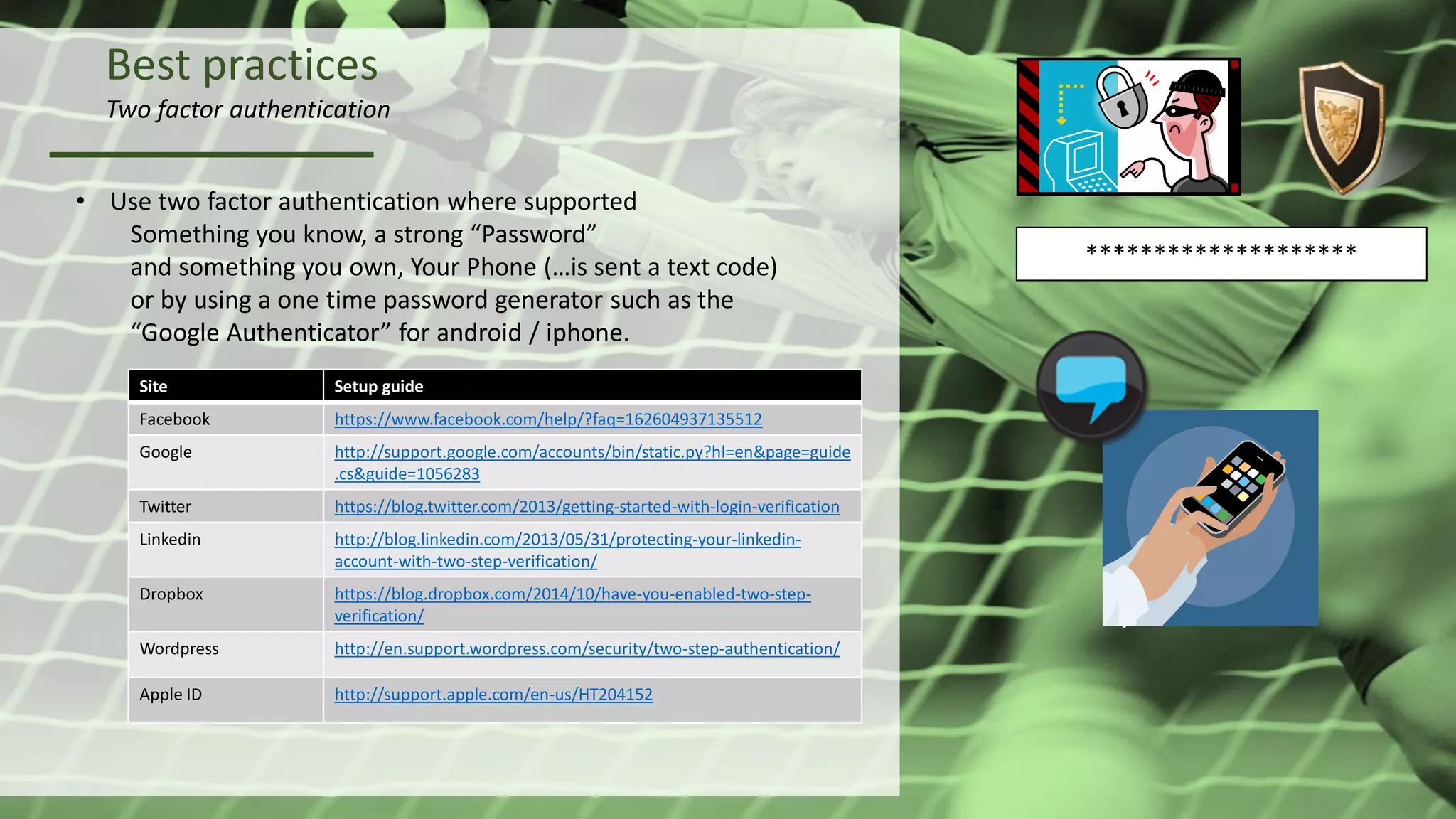 Best practices
Two factor authentication
• Use two factor authentication where supported
Something you know, a strong “Password”
and something you own, Your Phone (…is sent a text code)
or by using a one time password generator such as the
“Google Authenticator” for android / iphone.
********************
Site Setup guide
Facebook https://www.facebook.com/help/?faq=162604937135512
Google http://support.google.com/accounts/bin/static.py?hl=en&page=guide
.cs&guide=1056283
Twitter https://blog.twitter.com/2013/getting-started-with-login-verification
Linkedin http://blog.linkedin.com/2013/05/31/protecting-your-linkedin-
account-with-two-step-verification/
Dropbox https://blog.dropbox.com/2014/10/have-you-enabled-two-step-
verification/
Wordpress http://en.support.wordpress.com/security/two-step-authentication/
Apple ID http://support.apple.com/en-us/HT204152
 