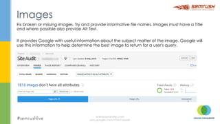 Fix broken or missing images. Try and provide informative file names. Images must have a Title
and where possible also pro...