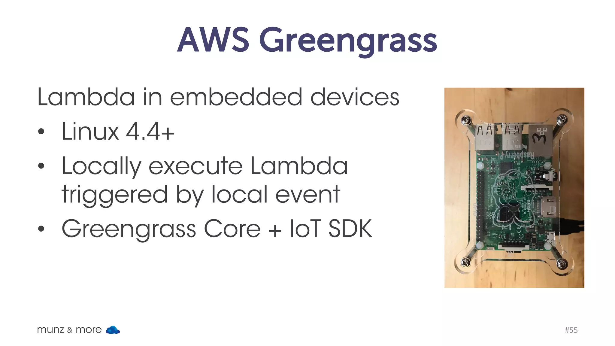 - 100	TB	Storage,	256	bit	TPM - 3x	10	GB/s	NICs - Cluster	up	to	5, 99.999%	data	durability - iSCSI,	Ethernet,	SIM	Card - Lambda	in	Python:	Greengrass - S3	PUT	->	Lambda - Lambda	functions ->	public	API,	e.g.	AWS - E-Ink	Shipping	label	that	updates - $	300	/	10	days AWS Snowball Edge (FaaS in a Box): 